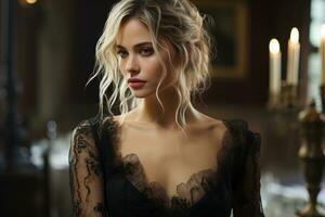 a beautiful blonde woman in a black lace dress generative ai photo