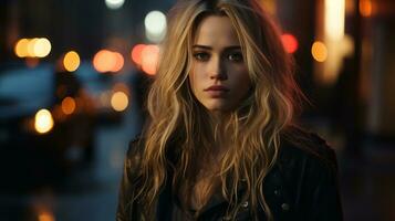 a beautiful blonde woman in a black leather jacket standing in the middle of a city street at night generative ai photo