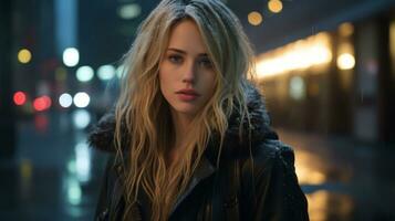 a beautiful blonde woman in a black leather jacket standing in the rain generative ai photo