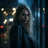 a beautiful blonde woman in a black leather jacket standing in the rain generative ai photo