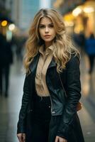 a beautiful blonde woman in a black leather jacket standing in the middle of a city street generative ai photo
