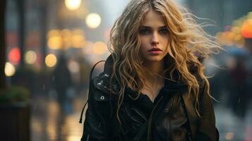 a beautiful blonde woman in a black leather jacket standing in the rain generative ai photo