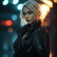 a beautiful blonde woman in a black leather jacket standing in the rain generative ai photo