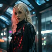 a beautiful blonde woman in a black leather jacket generative ai photo
