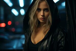 a beautiful blonde woman in a black leather jacket generative ai photo