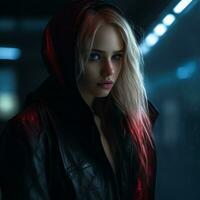 a beautiful blonde woman in a black leather jacket generative ai photo