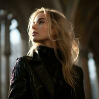 a beautiful blonde woman in a black leather jacket generative ai photo