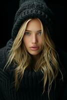 a beautiful blonde woman in a black sweater and beanie generative ai photo