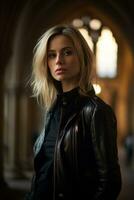 a beautiful blonde woman in a black leather jacket generative ai photo