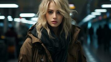 a beautiful blonde woman in a coat and scarf standing in an airport generative ai photo