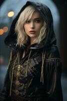 a beautiful blonde woman in a black leather jacket generative ai photo