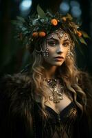 a beautiful blonde woman in a costume with a wreath of oranges on her head generative ai photo