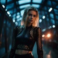 a beautiful blonde woman in a fishnet top standing on a bridge at night generative ai photo