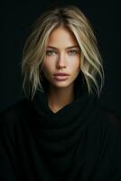 a beautiful blonde woman in a black sweater generative ai photo