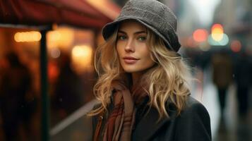 a beautiful blonde woman in a hat on a rainy day generative ai photo