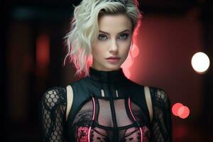 a beautiful blonde woman in a fishnet top and black lingerie generative ai photo