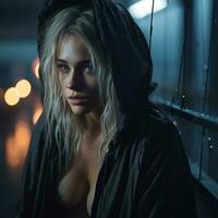 a beautiful blonde woman in a hooded jacket generative ai photo