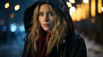 a beautiful blonde woman in a hooded jacket standing in the snow at night generative ai photo