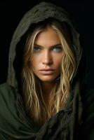 a beautiful blonde woman in a hooded jacket generative ai photo