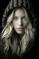 a beautiful blonde woman in a hooded jacket generative ai photo