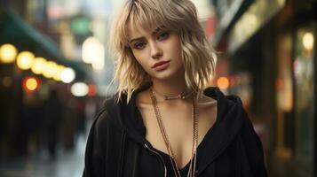 a beautiful blonde woman in a hoodie on a city street generative ai photo