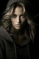 a beautiful blonde woman in a hoodie generative ai photo