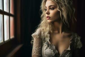 a beautiful blonde woman in a lace dress looking out the window generative ai photo