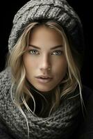 a beautiful blonde woman in a knitted hat and scarf generative ai photo