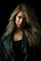 a beautiful blonde woman in a leather jacket generative ai photo