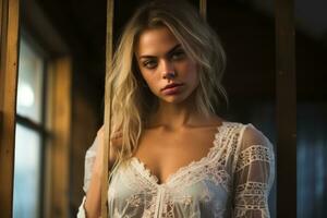 a beautiful blonde woman in a lace top standing in front of a window generative ai photo