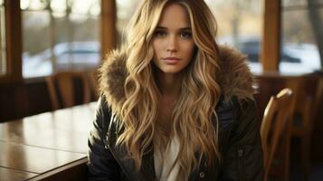 a beautiful blonde woman in a leather jacket sitting at a table generative ai photo