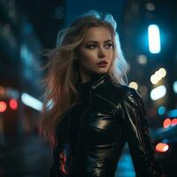 a beautiful blonde woman in a leather jacket standing in the middle of a city street at night generative ai photo