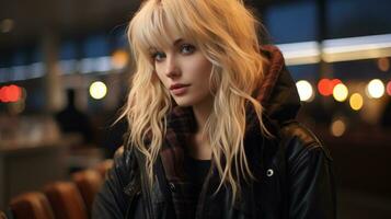 a beautiful blonde woman in a leather jacket generative ai photo