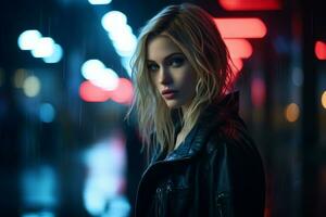 a beautiful blonde woman in a leather jacket standing in the rain at night generative ai photo