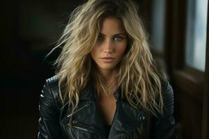 a beautiful blonde woman in a leather jacket generative ai photo