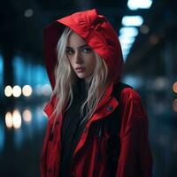 a beautiful blonde woman in a red jacket generative ai photo