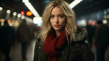 a beautiful blonde woman in a red scarf standing in a subway station generative ai photo