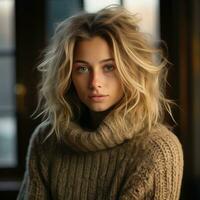 a beautiful blonde woman in a sweater generative ai photo