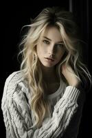 a beautiful blonde woman in a white sweater generative ai photo