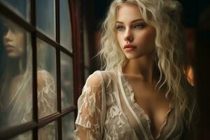 a beautiful blonde woman in a white dress looking out the window generative ai photo