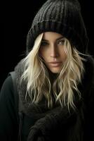 a beautiful blonde woman in a winter hat and scarf generative ai photo