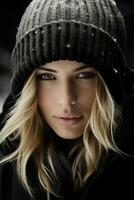 a beautiful blonde woman in a winter hat generative ai photo