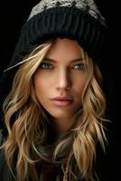 a beautiful blonde woman in a winter hat generative ai photo