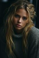 a beautiful blonde woman in a sweater generative ai photo