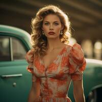 a beautiful blonde woman in an orange dress standing next to an old car generative ai photo