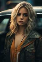 a beautiful blonde woman in an orange shirt and jacket sitting in the back of a car generative ai photo