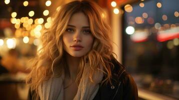 a beautiful blonde woman in front of lights at night generative ai photo