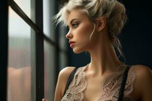 a beautiful blonde woman in lingerie looking out the window generative ai photo