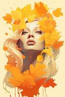 a beautiful blonde woman is surrounded by autumn leaves generative ai photo