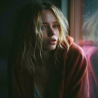 a beautiful blonde woman is looking out the window generative ai photo
